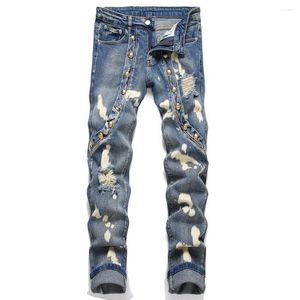 Men's Jeans Rivet Denim Punk Holes Ripped Distressed Stretch Pants Blue Slim Tapered Trousers
