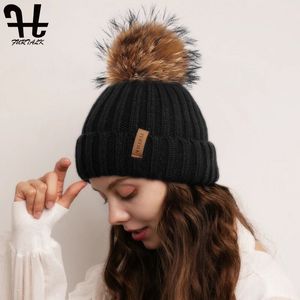FURTALK зимняя шапка для женщин с помпоном вязаная шапка из натурального меха енота женские лыжные шапки с черепами женская шапка 240227