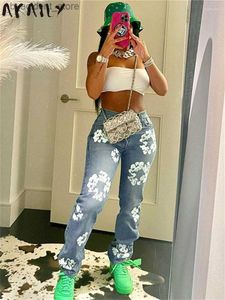 Męskie dżinsy dżinsy dżinsy Akaily Fall Floral Print for Women Streetwear 2023 Niebieski wysokiej talii workowate damskie panie Solidne proste długie spodnie L240313