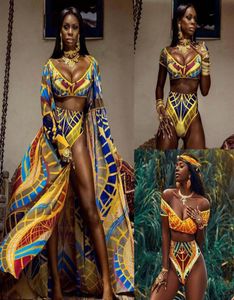 2021 Sexig bikini Set Women African Print Vneck Highwaisted Two Piece Swimsuit 2020 Beach Bathing Suit Vintage Badkläder Biquini259198344