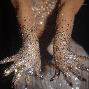 Fünf Finger Handschuhe Luxuriöse Stretch Strass Frauen Sparkly Kristall Mesh Lange Tänzer Sänger Nachtclub Tanz Bühne Show Accesso186I