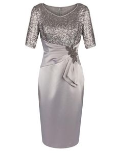 Half Sleeves V Neck Sequins Light Silver Gray Knee Length Mother of the Bride Dresses for Wedding Party Mother of the groom Dresse4204414