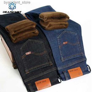 Calças de brim masculinas inverno velo quente jeans marca 2023 moda calças de negócios retro clássico denim calças outono casual estiramento magro jeans masculino l240313