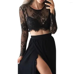 Women's T Shirts Solid Sleeve Splicing Long Sexy Slim Short Mesh Shirt Blouse Floral Lace Black White Top