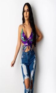 Summer Club Crop Top Women Sequined V Neck Slim Vest Tee Sexy Lady Night Party Short Purple Strap Tank Top T Shirt Outfit4031455