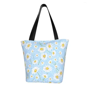 Sacos de compras moda margarida jardim azul flor sacola reutilizável margaridas floral lona mercearia ombro shopper