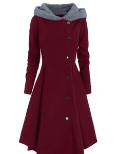 Vinterkvinnor Asymmetriska plusstorlek överrockkontrast Huven kjolad kappa enkelbröst färgblock Långt utkläder5952508