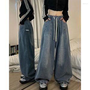 Dżinsowe dżinsy wiosenne kobiety vintage workowate elastyczne talia ponadwymiarowa amerykańska mody dżinsowa szerokie nogi streetwear proste podstawowe spodnie y2k