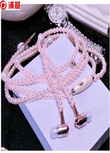 New Pink rhinestone Jewelry Pearl Necklace Earphones With Microphone Earbuds for iphone Xiaomi Brithday Gift2648142