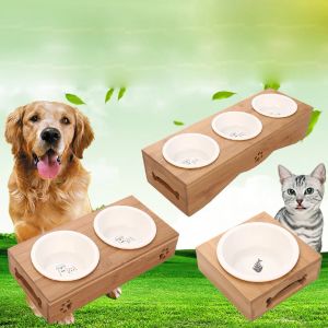 Leveranser Pet Elevated Stand Ceramic Bowls för valp rostfritt stålbambu rack matvatten skål matare katter matande hund dricksskål