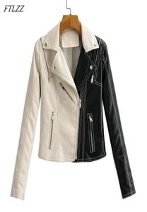 Women039S Leather Faux Ftlzz Spring Autumn Women Short Jacket Black White Splice Moto Bike Pu Coat Slim Zipper Design Locom6697512