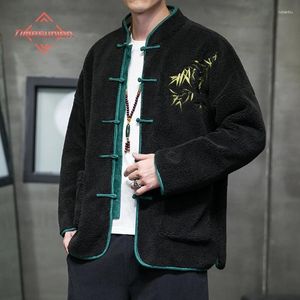 Jaquetas masculinas Hanfu inverno para homens estilo chinês bordado disco fivela lambswool grosso algodão quente casaco acolchoado