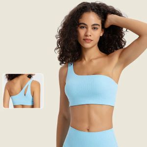 Lu Ribbed One-Rem Asymmetrical Yoga Bra Sports Tank Tops Droplet Hollow Back Fiess Gymkläder Kvinnor Underkläder Fashion Outwear