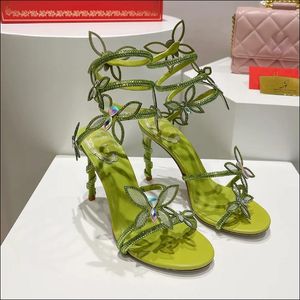 Rene Caovilla Butterfly Crystal Decorative Stiletto Heels 샌들 샌들 여성 이브닝 드레스 슈즈 9.5cm 뱀 래피어 럭셔리 디자이너 여성 하이힐 상자
