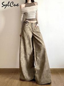 Women's Pants Sylcue Khaki Vintage All-match Casual Trendy Cool High Street Youth Vitality Straight Leg Wide-leg Trousers