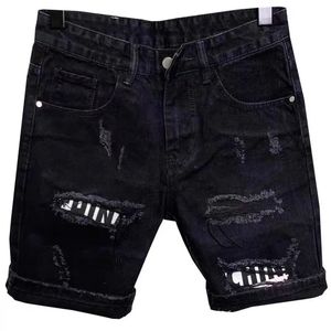 Mens Buraco Patch Coreano Slim Jeans Calças Curtas Shorts Pés Preto Denim Jeans para Homens Cowboy Adolescente Designer Calças 240227