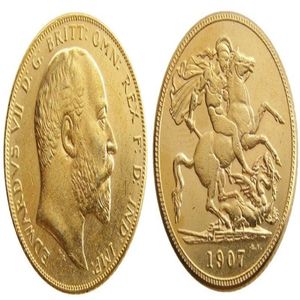 Moeda britânica rara de 1907, rei Eduardo VII, 1 Sovereign Matt 24-K, moedas de cópia banhadas a ouro 251S