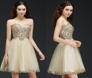 2018 Nuovi abiti economici in pizzo con perline corti A Line Abiti da ritorno a casa Champagne Sweetheart Lace Up Abiti da cocktail party Mini abiti da ballo CPS3289043