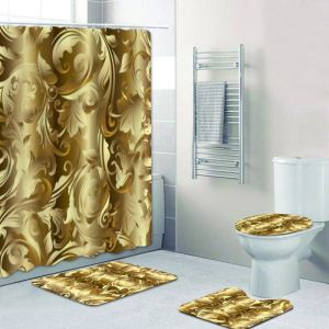 Cortinas 3d dourado floral barroco damasco conjunto de cortina de chuveiro com ganchos para banheiro banheiro luxo tapete de banho decoração de casa presentes