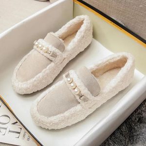 Casual Shoes Big Size 33-43 Women Faux Wool Flats Winter Warm Plush Lining Pearls Chain Lady Loafers Female Boat Shoe Girl 868-3
