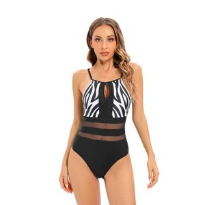 Swim wear Women sexy mesh swimsuit hollow forward one piece stretch suit Patchwork swimsuit Monokini black with white print size S-XL aquatic sports 240311