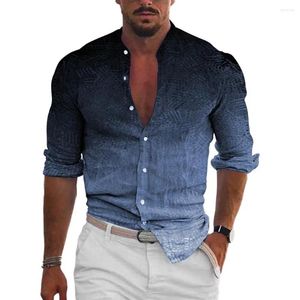 Camisas casuais masculinas cor gradiente camisa elegante gola 3d impressão slim fit manga comprida top com para