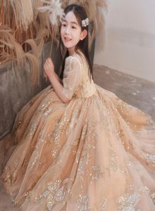 luxury Gold 2022 Flower Girls Dresses For Wedding Beaded Toddler Pageant Gowns Long Ball Gown First Communion Dress1149698