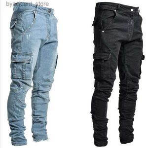 Men's Jeans Jeans Men Pants Wash Solid Color Multi Pockets Denim Mid Waist Cargo Jeans Plus Size Fahsion Casual Trousers Male Daily Wear L240313