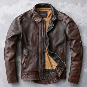 Brun Natural Cow Leather Coat Vintage Jacket Men Motorcykel Slim Fit Lapel Retro Old Bomber äkta läder Mens Jacke 240309