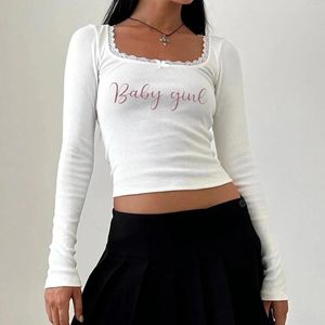 Women's T Shirts Summer Slim Cropped Tops Lace Trim U-Neck Long Sleeve Letter Print T-Shirt Streetwear