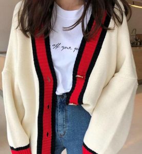 Kvinnor Autumn V Neck Patchwork Cardigan Sweater Coat White Loose Plus Size Long Sleeve Pull Femme Jersey Sticked Tops Y2007221835355