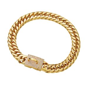 Diamond Golden Pet Chain Halsband 16mm breda rostfritt stål hundkrage Doberman Bulldog Pug Pug Puppy Supplies260o