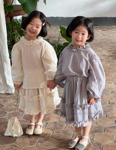 Girls lace hollow embroidery clothes sets kids ruffle collar long sleeve blouse cake skirt 2pcs 2024 spring children princess outfits Z7137