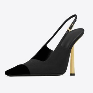 2024 new style women satin Dress SHOES sheepskin leather gold Stiletto heels Almond Shaped toes square style Open Splicing buckle party wedding buckle size 34-43