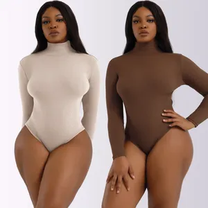 Women's Shapers High Neck Jersey Thong Bodysuit Seamless Ribbed Long Sleeve Sweater Tummy Control Tops Corset Jumpsuit Underwear