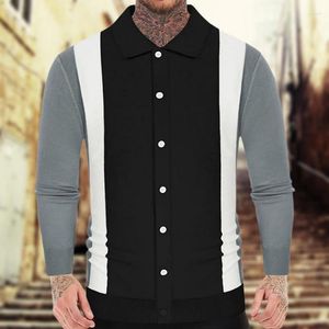 Camisas casuais masculinas contraste cor retalhos malha homens primavera manga longa botão lapela camisa masculina vintage listrado jacquard tricô tops