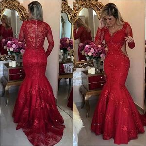 Crystal Pearls Mermaid Evening Ocn Dresses with Long Sleeve Sexy Cutside V-neck Red Lace Sheer Back Prom Dress
