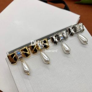 Hübsche Schleife-Tropfenohrringe, luxuriöse Perlenohrringe, bezaubernde vergoldete Ohrringe mit Geschenkbox für Party, süßes Date
