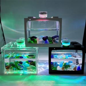 Tanks Aquarium Mini Fish Tank Reptile Pet LED Light Box Stackable Aquarium Cylinder Landscape Seawed for Home Office Decoration