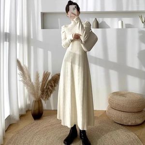 Casual Dresses Sweaters Dress Women Mock Neck Full Sleeve A Line Long Knitted High Waist Solid Slim Fit Vestidos Autumn Winter