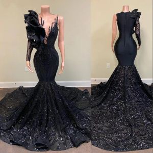 Sexy Elegant Prom Dresses Mermaid Long Sleeve Black Sequined Lace applique Jewel Neck Ruffles African Girl Gala Evening Party gowns Sequins One Shoulder