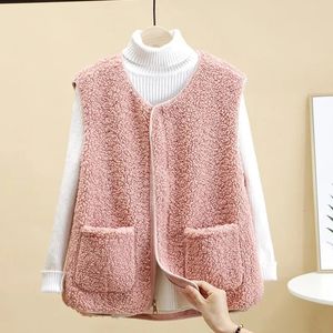 Oversized 4xl Faux Lambswool Loose Candy Colors Vests Jackets Winter Thick Warm Sleeveless Pocket Coats Allmatch Outwear 240304