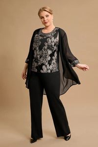 Kvinnor plus size Mor till bruden 34 ärm tre stycken Set byxdräkter mjuka kontor lady chiffon högkvalitativa kläder 240307