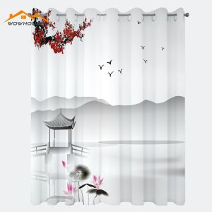 Curtains Asian Window Curtains Japanese Style Garden Bird and Small Pavilion Over The Lake Lotus Waterlily Living Room Decor Bedroom