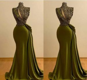 Abiti da sera verde oliva Africano Plus Size Sirena Paillettes scintillanti Collo alto Sweep Train Abito da ballo in raso Abito da cerimonia formale Abiti Desinger