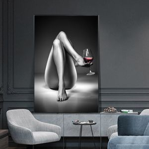 Calligrafia Stampe su tela Donna nuda Pittura su bicchiere di vino Bianco nero Ragazza sexy Poster Wall Art Immagini moderne per soggiorno Decorazioni per la casa