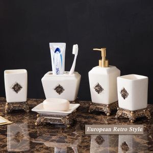 Innehavare vintage stil badrum rengöring leveranser Set Hand Sanitizer Bottle Gurgle Cup Tandborste Holder Soap Box badrumstillbehör