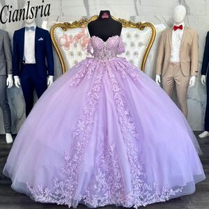 Lilac från axel bow boll klänning quinceanera klänningar applikationer spets korsett vestido de 15 anos