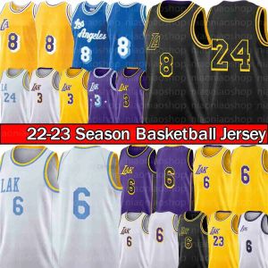 Anpassade män kvinnor ungdom los angeles''lakers''3 davis 6 james 23 lebron basket 8 24 mens bryant gul stad shorts svart mamba utgåva tröjor