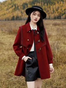 Hoodies femininos vermelho chinês dupla face cashmere casaco 2024 comprimento médio estilo relaxado lã fina